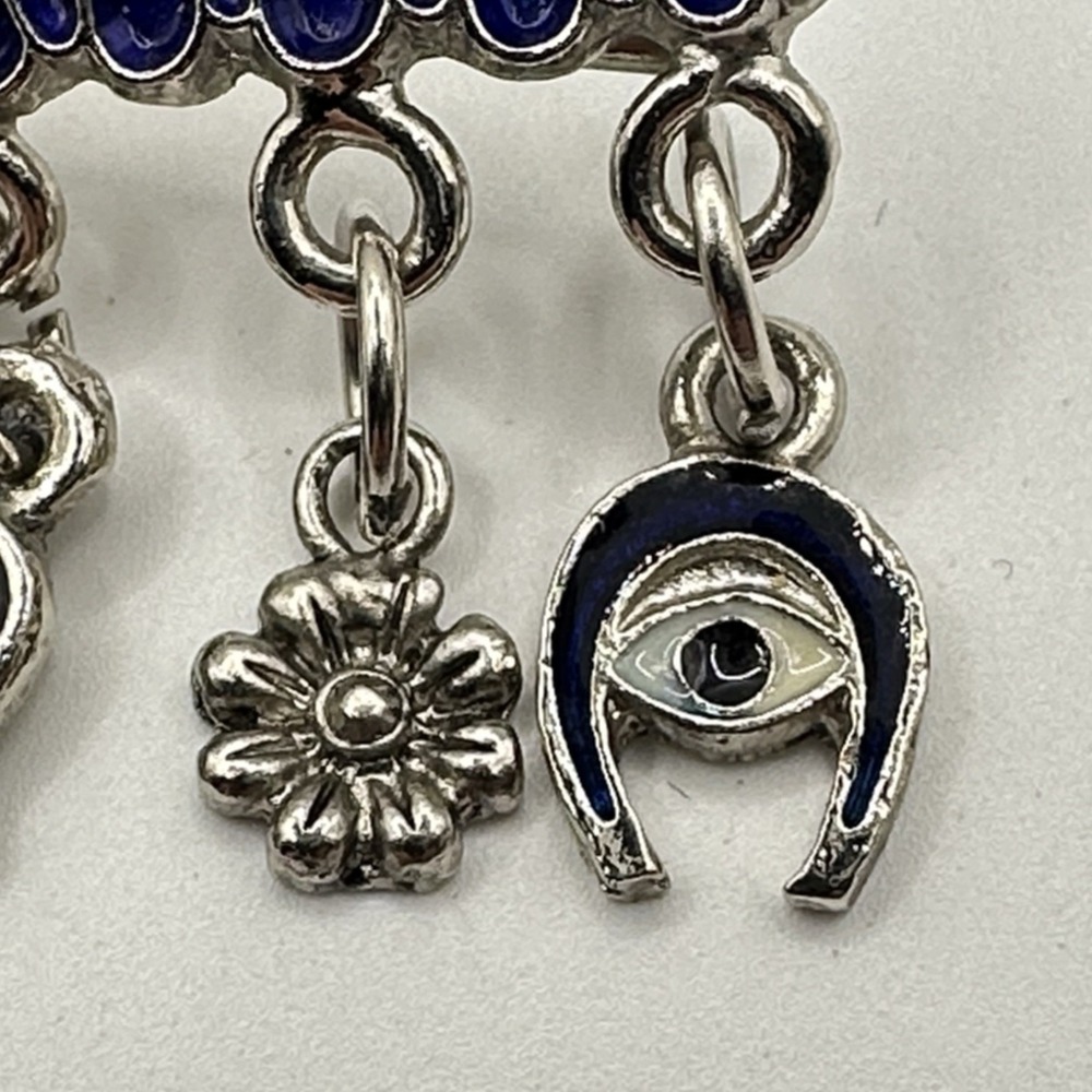 Vintage Silver Tone Brooch Pin Blue Enamel Hamsa Evil Eye Charms Luck Protection - Picture 7 of 10